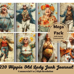 220 Hippie alte Dame Junk Journal Seiten, lustige alte Frau, Hälfte digitale Seiten, digitaler Download, hohe Qualität, 99cetnscrafts, Junk Journal