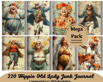 220 hippie oude dame ongewenste dagboekpagina's, grappige oude vrouw, half digitale pagina's, digitale download, hoge kwaliteit, 99cetnscrafts, junk Journal