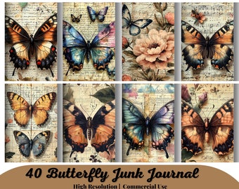 Könnte beinhalten: Ein Set mit 40 digitalen Bildern, die im Vintage-Stil gehaltene Schmetterlinge auf einem Hintergrund aus altem Papier und floralen Designs zeigen. Die Schmetterlinge sind in verschiedenen Farben, darunter Blau, Braun, Gelb und Orange. Die Bilder sind in hoher Auflösung und für kommerzielle Zwecke geeignet.