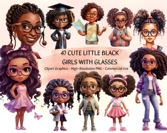 47 Cute Little Black Girls with Glasses, PNG Bundle, Curly Hair, Magic ClipArt, Commercial Use Afro Kids History T-shirt Sticker Planner POD