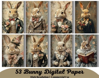May include: A set of eight digital papers featuring illustrations of bunnies dressed in vintage clothing. The bunnies are depicted in various poses, holding flowers, books, and other props. The papers are perfect for scrapbooking, card making, and other craft projects.