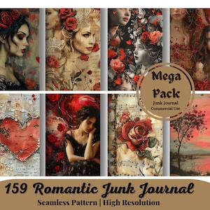159 Kit de diário de lixo romântico | Corações vintage rústicos e chiques | Páginas de diário de lixo | Papel para scrapbook | Fabricação de cartões | Artesanato | Colagem
