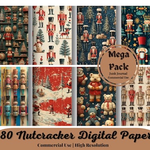 Pacote de papel digital de Natal 80 quebra-nozes, padrão de Natal, padrão de Natal fofo, clipart de balé, padrão de feriado, papel digital de árvore de Natal