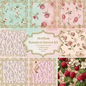 May include: A collection of digital papers and clip art featuring floral and botanical designs. The designs include flowers, lavender, and raspberries, with ornate gold frames and a soft color palette of pink, green, and cream. The text reads "Heirilom Botanical Harvest Kit".