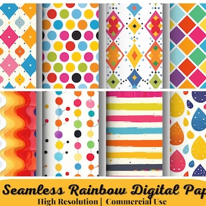 51 nahtloses Regenbogen-Digital-Papier, bedruckbarer pastellfarbener Hintergrund, helles Regenbogen-Tupfen, Chevron-Herzstreifen, Quatrefoil-Sternmuster