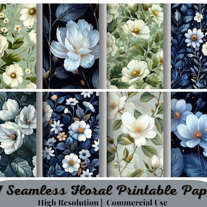 47 Nahtloses Blumen bedruckbares Papier, Blau- & Grüntöne Aquarell, Blumen Shabby Chic digitaler Download, Wildblumen-Sammelalbum Ephemera JPG