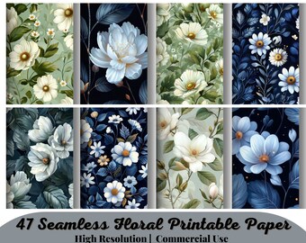 47 Seamless Floral Printable Paper, Blues & Greens Watercolor, Floral Shabby Chic Digital Download, Wildflower Scrapbook Ephemera JPG