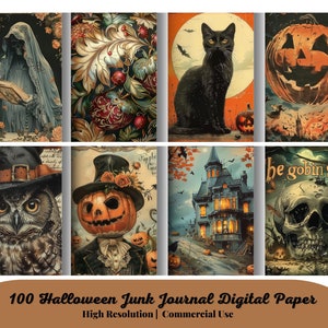 100 Halloween Junk Journal Seiten, Digital Scrapbook Papier Kit, Gothic Printable, Vintage Ephemera, Kürbis Collage Sheet, Grimoire