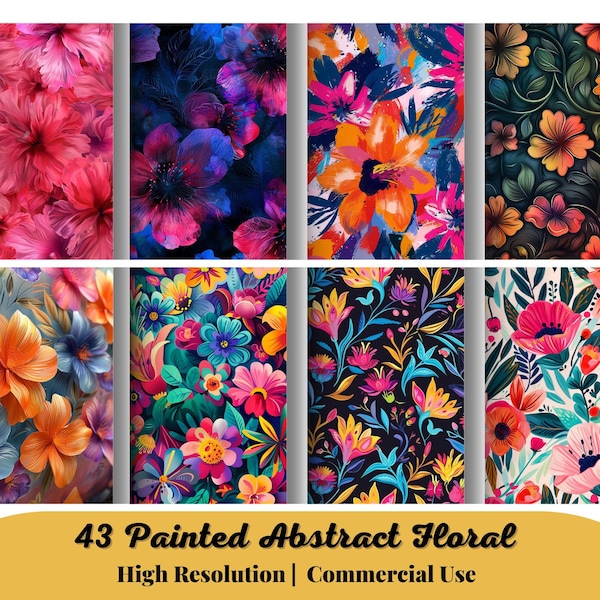 43 Painted Abstract Floral Pattern Set, Seamless Painted Floral Patterns, Bright Colorful Flower Pattern, Modern Floral Patterns, Mod Floral