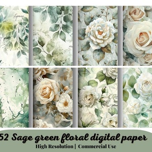 52 Carta digitale per acquerello floreale verde salvia, carta per scrapbooking per acquerello di nozze pastello astratto, carta digitale per carta vintage, alta qualità