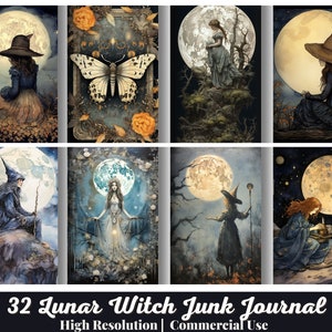 32 Lunar Witch Junk Journal Kit, Moon, Digital Download, Green Witch, Ephemera Magic Spells, Forest Grimoire, Book of Shadows, Nature Craft