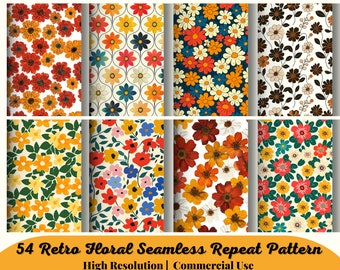 54 Retro Floral Seamless Repeat Pattern, RETRO FLOWERS, Backgrounds, Printable Digital Paper, Retro, Floral Print, Spring Floral Pattern