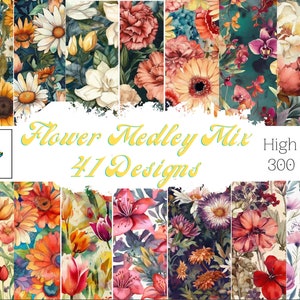 Spring Floral Medley Digital Paper Watercolor Flower Backgrounds  41 Designs 300DPI  Commercial Use Floral Sublimation