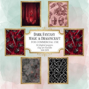 May include: A digital art bundle titled "Dark Fantasy Magic & Dragoncraft" featuring various fantasy-themed illustrations. The images include a forest scene with red crystals, a dragon, helmets, crowns, swords, and abstract patterns. The bundle is for commercial use and contains 52 digital papers.