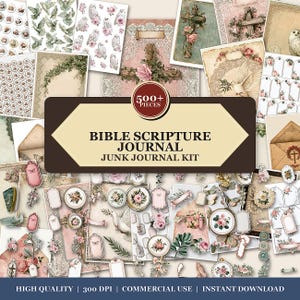 May include: A digital junk journal kit featuring over 500 pieces of paper ephemera, including floral patterns, white doves, owls, crosses, and vintage-style tags. The collection includes various stationery elements with pink and green accents.