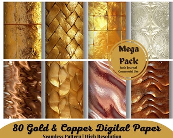 May include: A digital paper pack with 80 seamless patterns in gold and copper colors. The patterns include woven textures, metallic finishes, and geometric designs. The pack is for junk journaling and commercial use.
