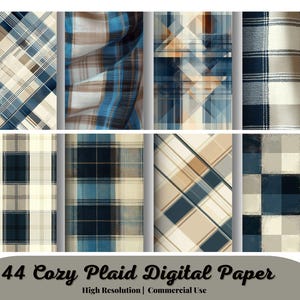 44 Cozy Plaid Digital Scrapbook Paper Kit , Digital INSTANT DOWNLOAD HD Papers, Blue and Cream Plaid Scrapbook Paper Digital