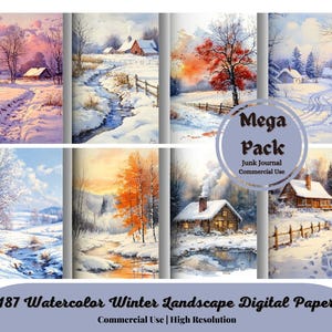 Printable Watercolor Winter Landscape Digital Paper, Winter Wonderland Scenes, Snowy Forest Pages, Junk Journal, Scrapbooking, Card Making