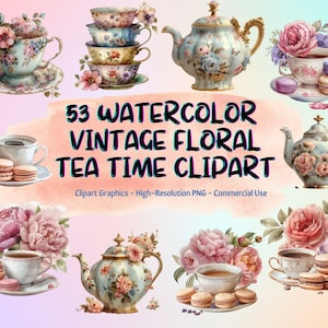 53 Clipart di ora del tè floreale vintage ad acquerello, Clipart di tè pastello, Arte dell'ora del tè, Tazza da tè con fiori PNG, Illustrazione di tee, Pacchetto per il tè