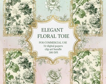 Green Toile Seamless Digital Paper Pack – 52 Classic Vintage Patterns for Scrapbooking, Cards & Elegant Craft Projects