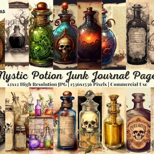 24 Mystic Potion Junk Journal Pages, Digital Scrapbook Paper Kit, Vintage Ephemera, Witchy Collage Sheet, Magic Spell Book,Alchemy Printable