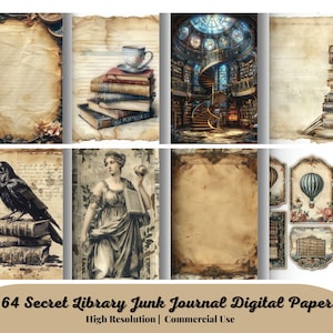 64 Secret Library Junk Journal Kit, Printable Digital Pages with Ephemera Bookmark, Dark Academia, Old Book Digital Paper, Digital Download