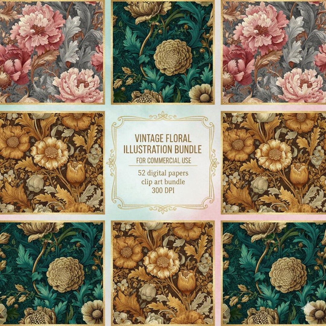 52 Metallic Victorian Garden Digital Paper | Ornate Floral Backgrounds ...