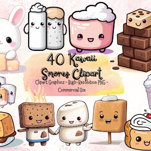 40 Kawaii Smores Clipart - Smore's ClipArt - Instant Download - Camping food Graphics - Cute Marshmallows - Chocolate - Graham Crackers