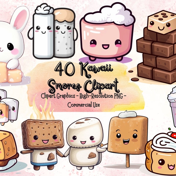 40 Kawaii Smores Clipart - Smore's ClipArt - Instant Download - Camping food Graphics - Cute Marshmallows - Chocolate - Graham Crackers