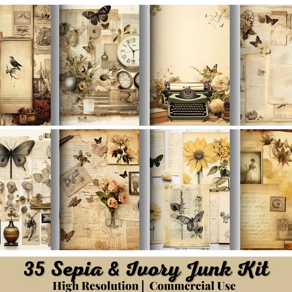 35 Sepia & Ivory Junk Kit, Junk Journal, Sepia, Ivory, Antique, Flowers, Neutral, Vintage, Ephemera, Kit, Printable, Digital Download