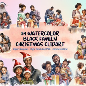 34 Clipart de Noël famille aquarelle noir, veille de Noël png, ouverture des cadeaux de Noël, fichiers numériques imprimables, carte d'invitation png