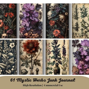 61 Mystic Herbs Junk Journal Pages, Dark Witch Magical Apothecary Journal Kit, Halloween Digi Kit Goth Digital Paper Collage Sheet Printable