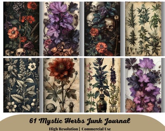 61 Mystic Herbs Junk Journal Pages, Dark Witch Magical Apothecary Journal Kit, Halloween Digi Kit Goth Digital Paper Collage Sheet Printable