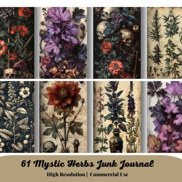 61 Mystic Herbs Junk Journal Pages, Dark Witch Magical Apothecary Journal Kit, Halloween Digi Kit Goth Digital Paper Collage Sheet Printable