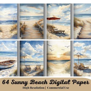 64 Sunny Beach, pacchetto di immagini, carta per scrapbooking digitale, scene clipart, paesaggi marini, viste sull'oceano, barche a remi, gabbiani, uso commerciale