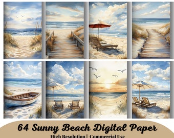 64 Sunny Beach, image Bundle, Digital Scrapbook Junk Journal Paper, Clipart Scenes, Seascapes Ocean Views Row Boat Sea Gulls, Commercial Use