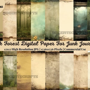 22 Dark Forest Junk Journal-pagina's, afdrukbaar collageblad, digitaal plakboekpapier, aquarel bos ephemera kit, vintage bomen achtergrond