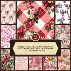 Può includere: Una collezione di carta digitale con 100 pagine di motivi coquette senza cuciture in rosa, inclusi disegni floreali, fiocchi, cuori e toile. Il testo centrale recita: COQUETTE SEAMLESS PATTERNS SET 2 GRANDMILLENNIAL BACKGROUND PINK DIGITAL PAPER COLLECTION.