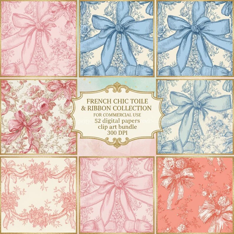 Vintage Roses & Ribbons Pattern Digital Paper | Shabby Chic Floral ...