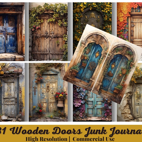 31 Wooden Doors Junk Journal, Printable, Vintage Journal Pages, Door Junk Journal, Junk Journal Digi Kit, Wooden Door Journal, High Quality