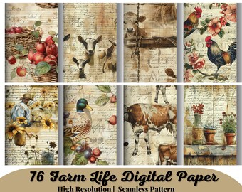76 Landleben Farmleben Junk Journal, Vintage druckbare Seiten, Bauernhof Tiere Digi Kit, Instant Download