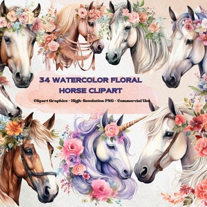 34 clipart floral cheval aquarelle, cheval floral Png, cheval aquarelle Png, fabrication de cartes, art mural, Svg floral cheval, PNG numérique