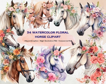 34 Watercolor Floral Horse Clip Art, Floral Horse Png, Watercolor Horse Png, Card Making, Wall Art, Floral Horse Svg, Digital PNG