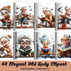 40 Elegant old lady with book clipart, modern grandma clipart, elderly people, digital download, junk journal, paper craft, scrapbooks