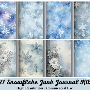27 Snowflake Junk Journal Kit, Winter Grunge, Digital Paper Download, Snow Collage Paper, Vintage Ephemera, Scrapbook, Watercolor Christmas