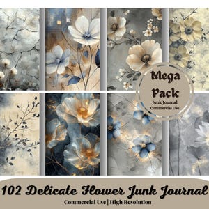 May include: A digital collage of 102 delicate flower images in shades of blue, gray, and white. The images are arranged in a grid pattern and are perfect for use in junk journals, scrapbooking, or other paper crafts. The text "Mega Pack Junk Journal Commercial Use" is displayed in the center of the image.
