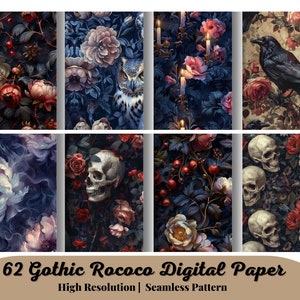 62 Gothic Rococo Digital Paper, Seamless Backgrounds Pattern, Gothic Floral Dark Oil Paint Textures, High Quality, Commercial Use, Vintage