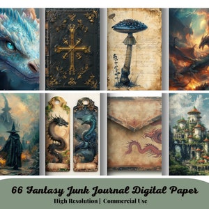 Kit de diário de fantasia com 66 páginas JPG para impressão com itens efêmeros, capa, marcador, tags, magia de grimório, papel digital de dragão, download digital