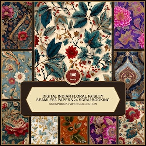 May include: A collection of digital scrapbook papers featuring 100 pages of Indian floral and paisley patterns in various colors including red, blue, purple, and cream. The central label displays the text: DIGITAL INDIAN FLORAL PAISLEY SEAMLESS PAPERS 24 SCRAPBOOKING SCRAPBOOK PAPER COLLECTION.