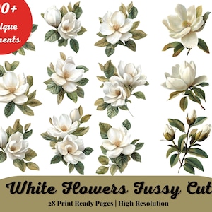 Fussy Cut weiße Blumen, Seiten für Journals und Scrapbooks, Junk Journal Print und Schnittelemente, Blumen, Bullet Journal, Printable Digital